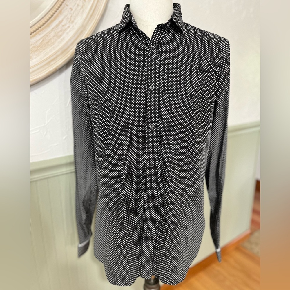 Express Men's Fitted Long Sleeve Shirt Black And White Cotton‎ Size L 16-16.5